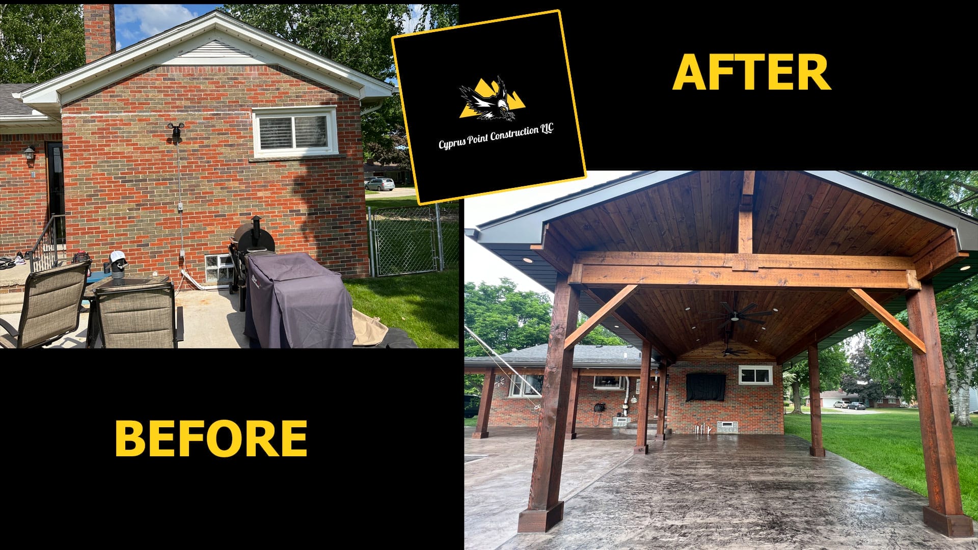 High-quality concrete patio and custom awning built by Cyprus Point Construction LLC in Flat Rock, MI, enhancing curb appeal and outdoor functionality.